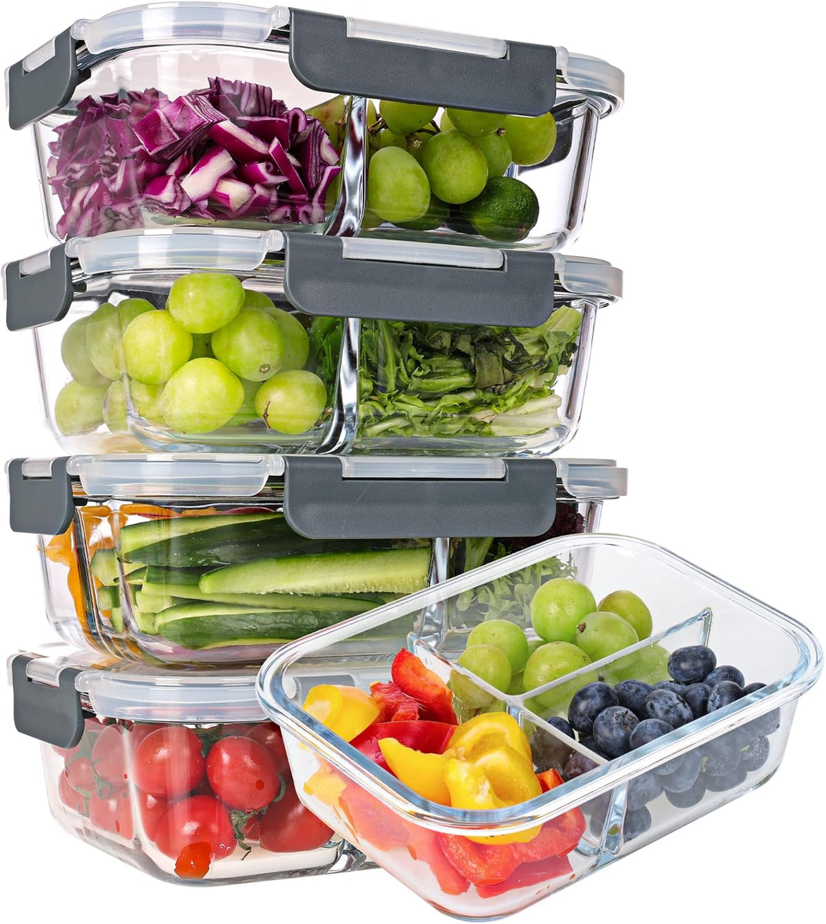 5-Pack 3 Compartments 35oz Glass Meal Prep Containers with Lids, Grey R2890