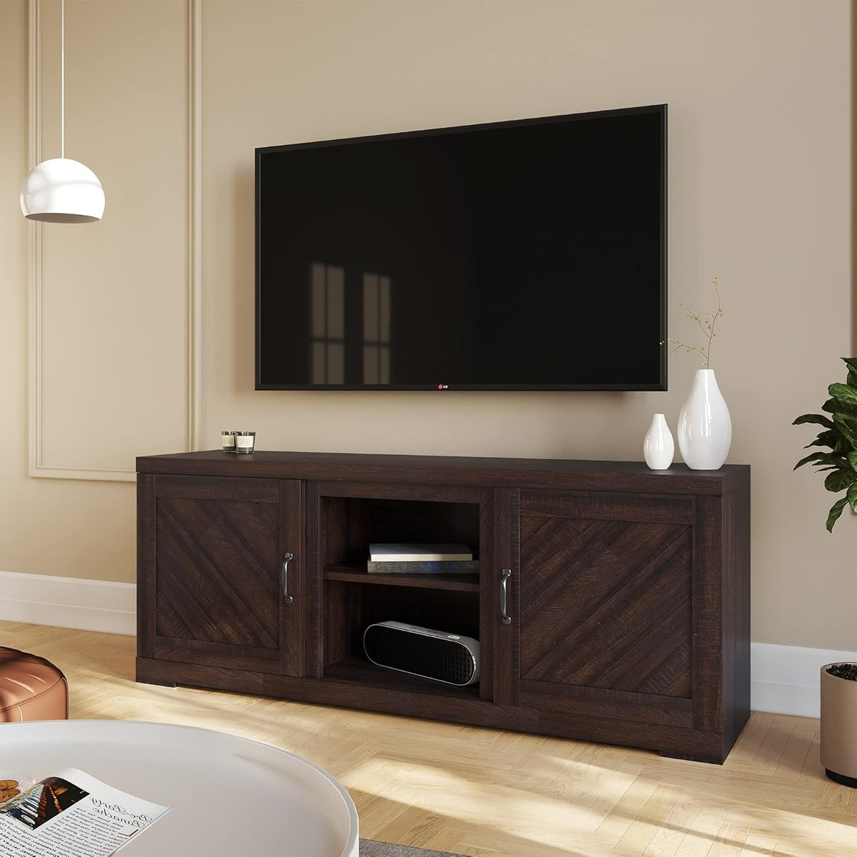 Rustic Oak TV Stand with Two Shelves and Storage Cabinets C856146