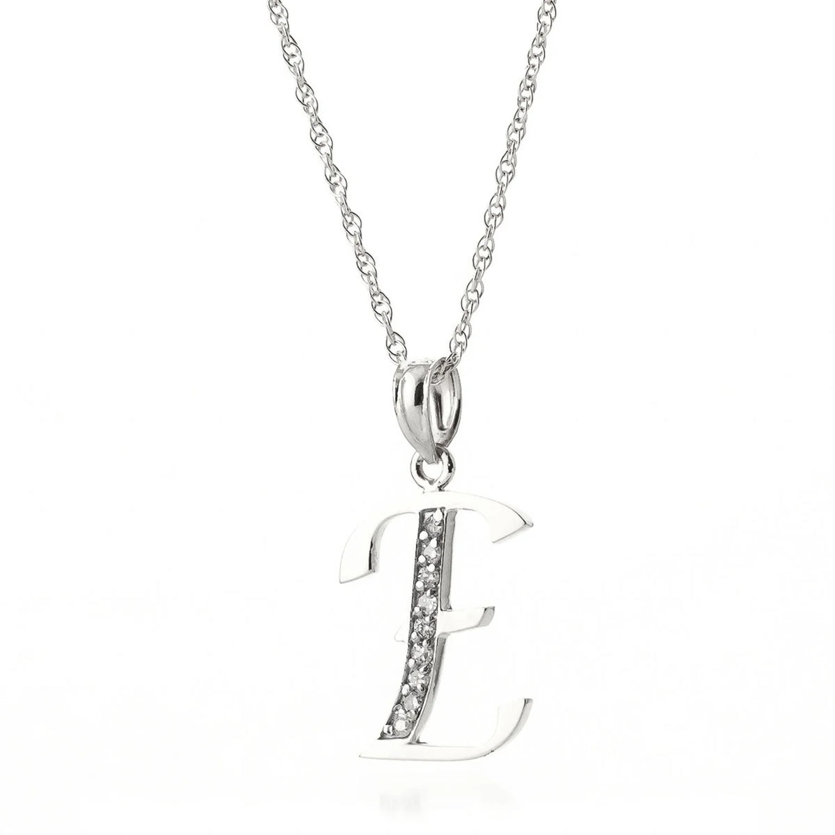 14K Solid White Gold Pendant Necklace with Natural Diamonds Initial 'E' Pendant A2098