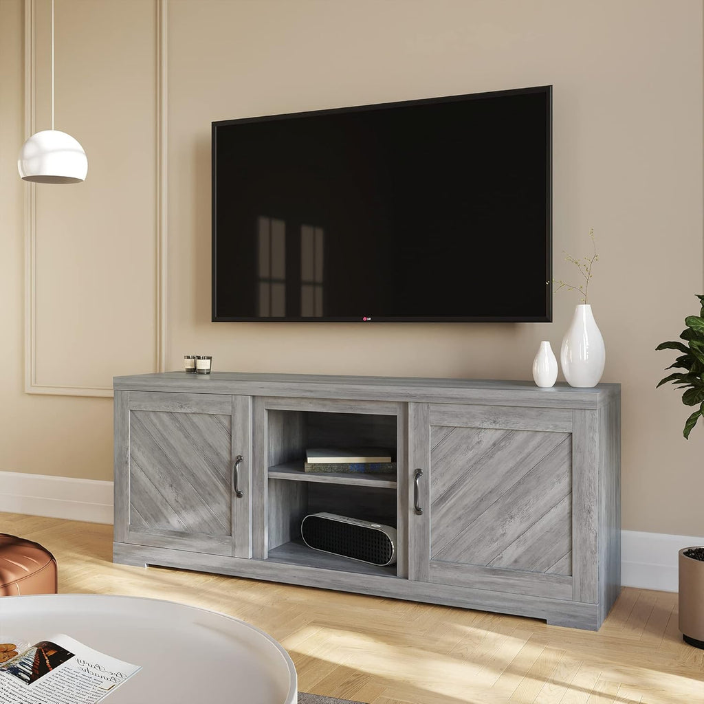 Rustic Oak TV Stand with Two Shelves and Storage Cabinets C856146