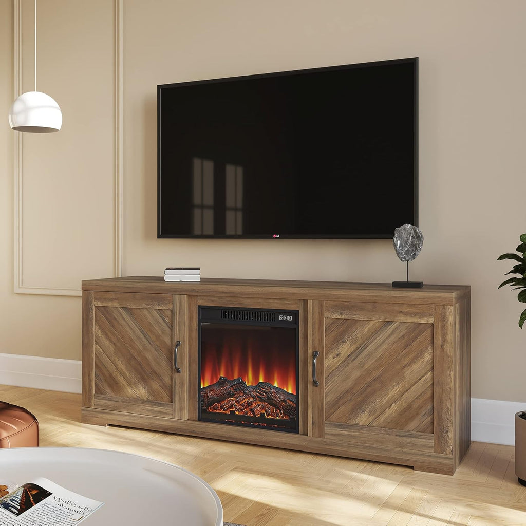 Rustic Oak TV Stand with Two Shelves and Storage Cabinets C856146