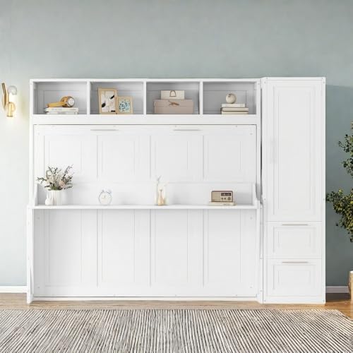 Gray Queen Size Murphy Bed with Desk Wardrobe Storage Shelf N415