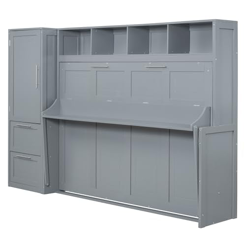 Gray Queen Size Murphy Bed with Desk Wardrobe Storage Shelf N415