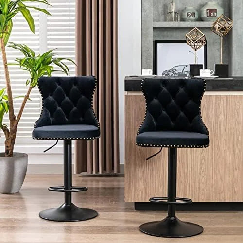 Modern Swivel Stools Set of 2 with Black Base Adjustable Upholstered Armless Hydraulic Counter Height Stool with Mid Back and Footrest O41300