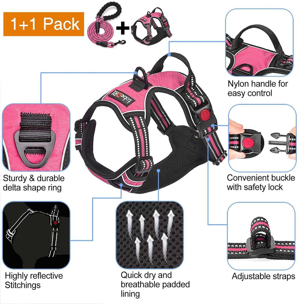 Adjustable Reflective Oxford Dog Harness with 5ft Dog Leash F99260