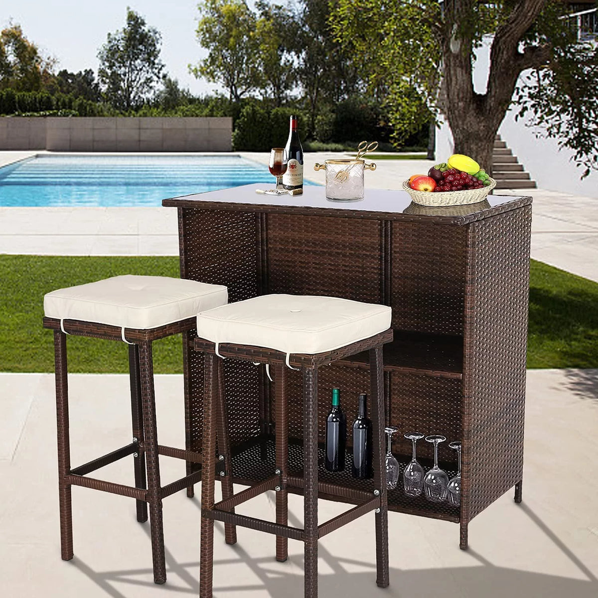 Brown 3 Piece Rattan Patio Bar Set with Storage R975445