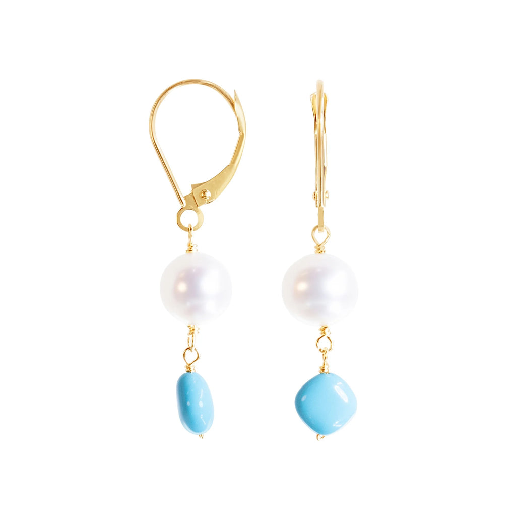 14k Yellow Gold Freshwater Pearl Turquoise Leverback Earring C2008