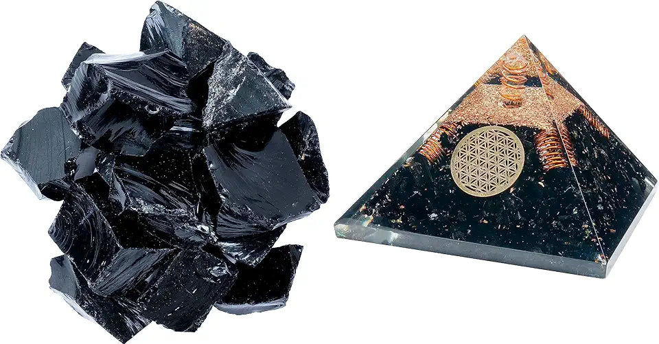 Black Obsidian Rough Bulk Natural Stone & Black Tourmaline Orgone Pyramids L245677