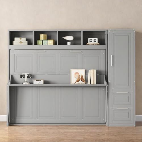 Gray Queen Size Murphy Bed with Desk Wardrobe Storage Shelf N415