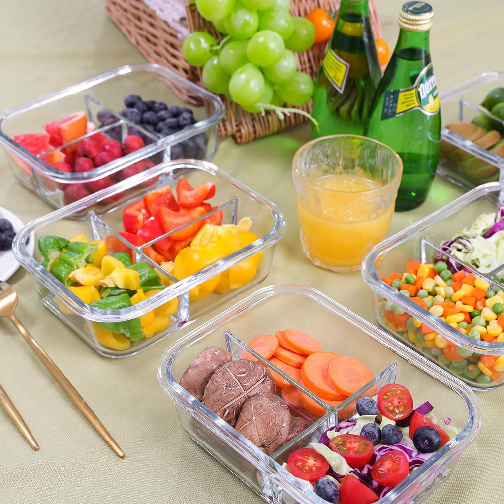 5-Pack 3 Compartments 35oz Glass Meal Prep Containers with Lids, Grey R2890