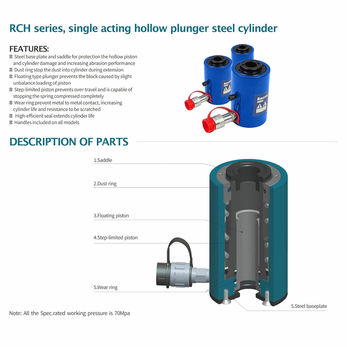 20T 4Inch Hollow Single Acting Hydraulic Cylinder M178