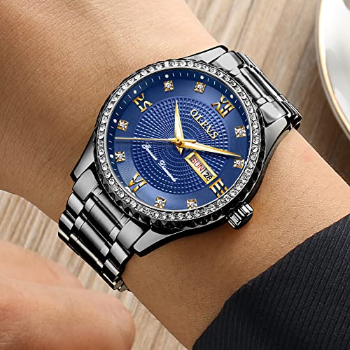 Golden Big Dial Quartz Analog Watch with Day Date Calendar and Stainless Steel Band Y61752