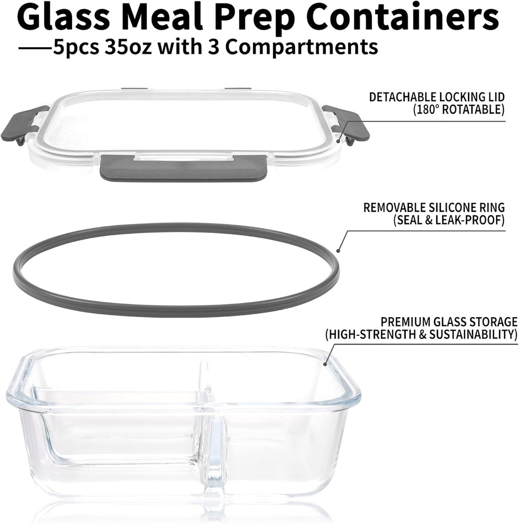 5-Pack 3 Compartments 35oz Glass Meal Prep Containers with Lids, Grey R2890