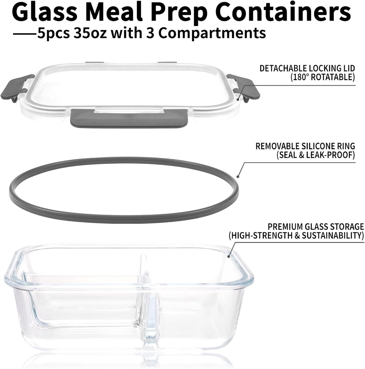 5-Pack 3 Compartments 35oz Glass Meal Prep Containers with Lids, Grey R2890