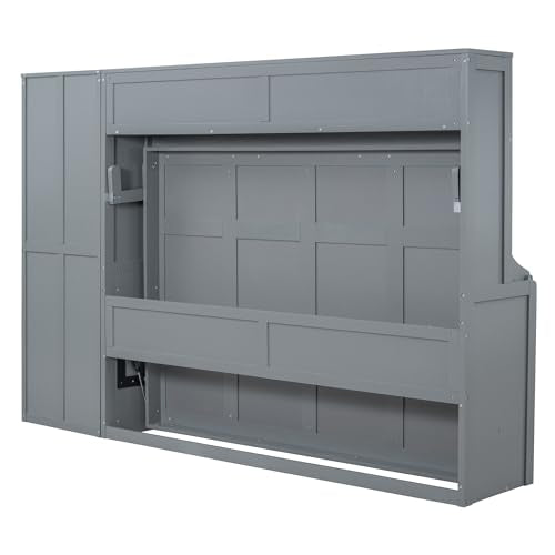 Gray Queen Size Murphy Bed with Desk Wardrobe Storage Shelf N415