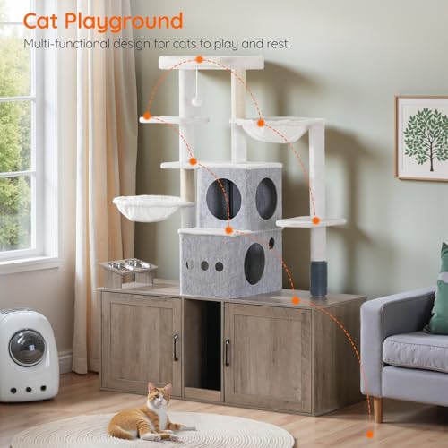 Greige 63.4" Tall Cat Tree with Dual Litter Box Enclosure K528771