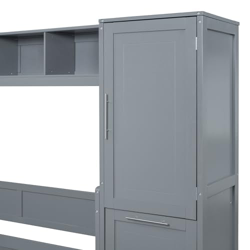 Gray Queen Size Murphy Bed with Desk Wardrobe Storage Shelf N415
