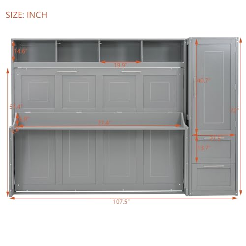 Gray Queen Size Murphy Bed with Desk Wardrobe Storage Shelf N415