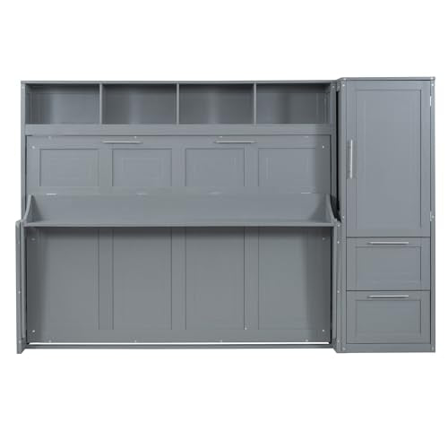 Gray Queen Size Murphy Bed with Desk Wardrobe Storage Shelf N415