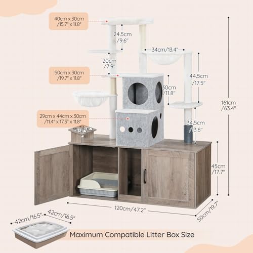 Greige 63.4" Tall Cat Tree with Dual Litter Box Enclosure K528771