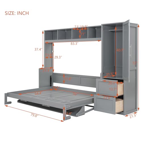 Gray Queen Size Murphy Bed with Desk Wardrobe Storage Shelf N415