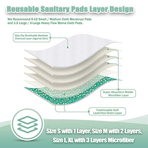 Charcoal Reusable Menstrual Pads 6 Pack with 1 Cloth Mini Wet Bag E509