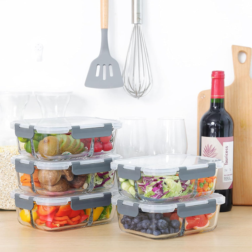 5-Pack 3 Compartments 35oz Glass Meal Prep Containers with Lids, Grey R2890