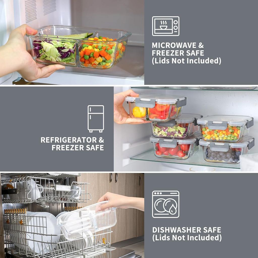 5-Pack 3 Compartments 35oz Glass Meal Prep Containers with Lids, Grey R2890