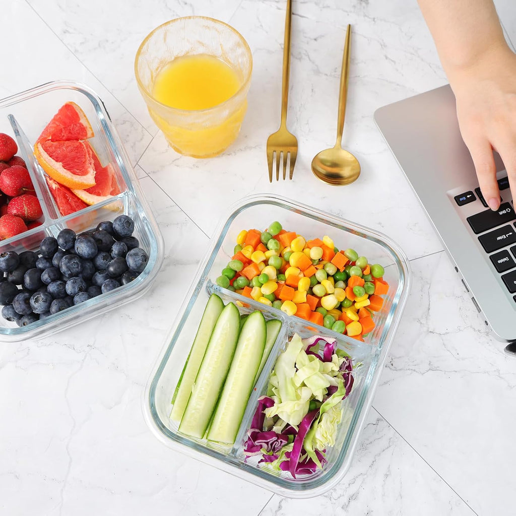 5-Pack 3 Compartments 35oz Glass Meal Prep Containers with Lids, Grey R2890