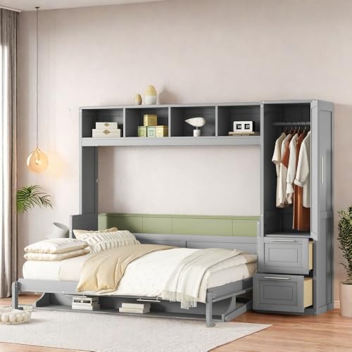 Gray Queen Size Murphy Bed with Desk Wardrobe Storage Shelf N415