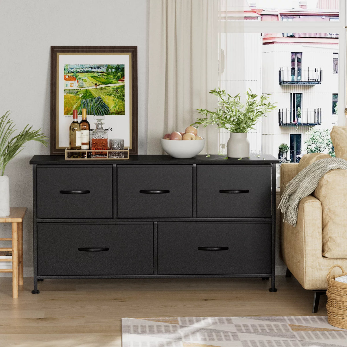 Black 5 Drawer Fabric Dresser J197