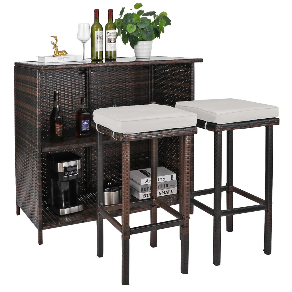 Brown 3 Piece Rattan Patio Bar Set with Storage R975445