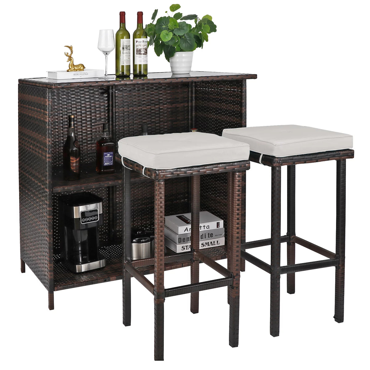 Brown 3 Piece Rattan Patio Bar Set with Storage R975445