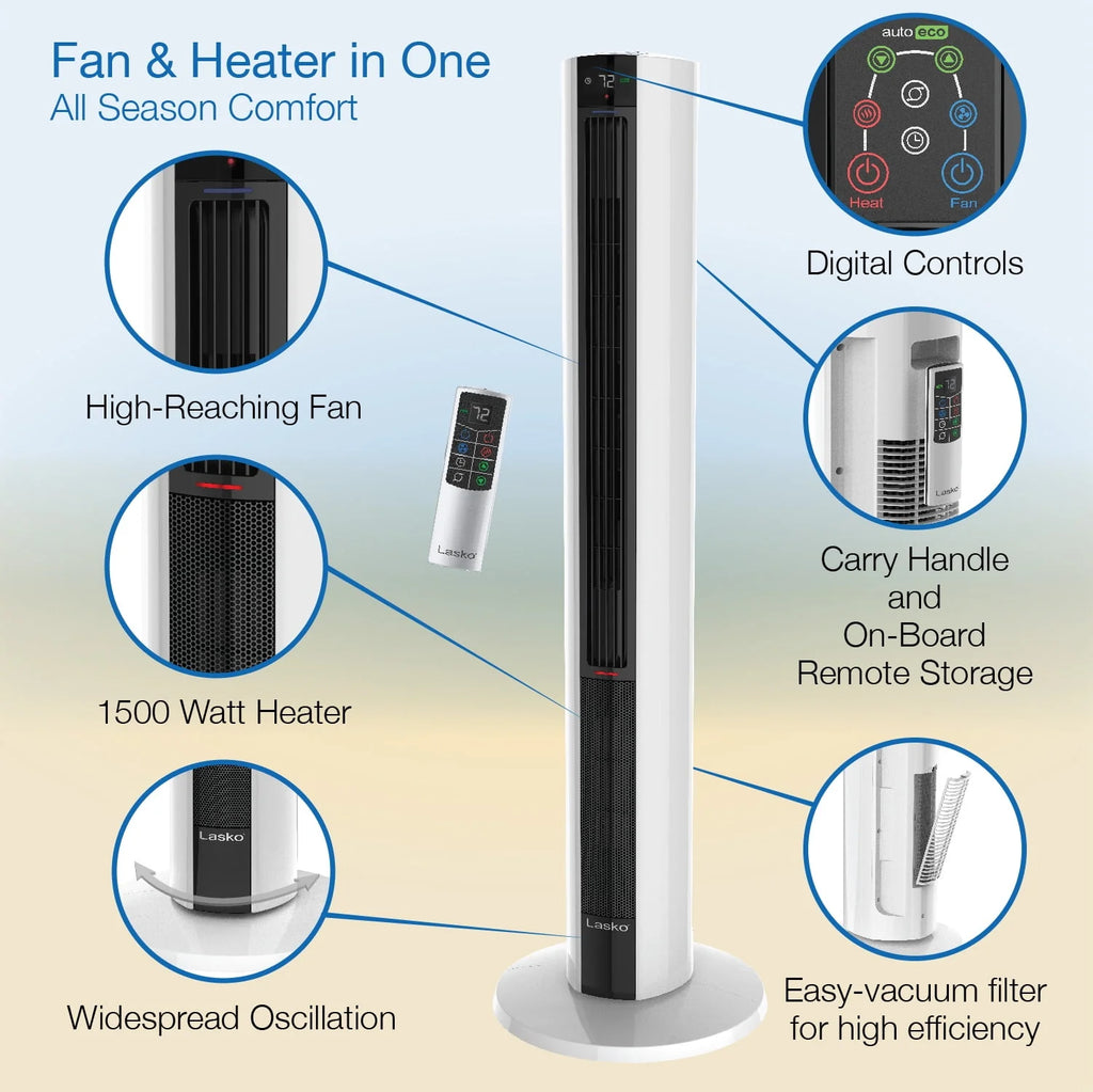 1500W Oscillating Tower Fan & Space Heater with Remote, Black Z169379