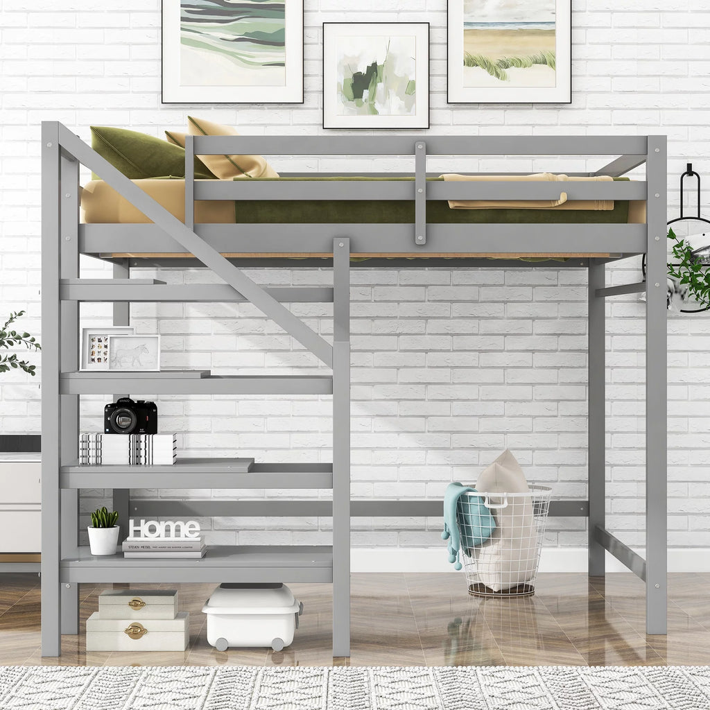 Wood Full Size Loft Bed with Shelf and Hanger O49988