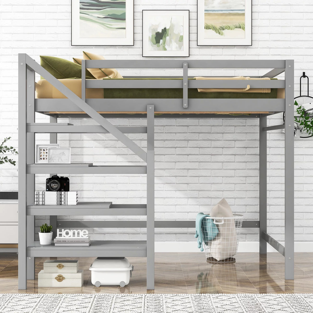 Wood Full Size Loft Bed with Shelf and Hanger O49988