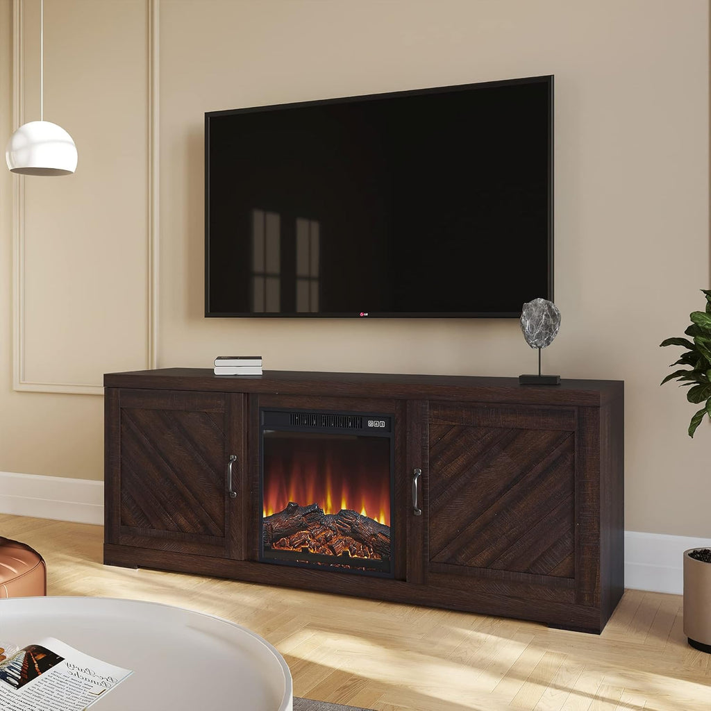 Rustic Oak TV Stand with Two Shelves and Storage Cabinets C856146