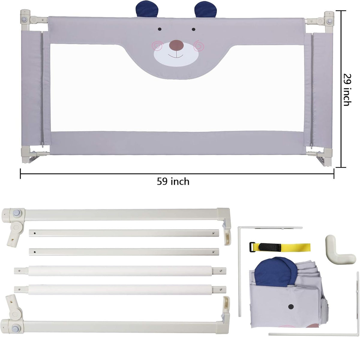 Extra Tall Safety Bed Guard for Kids, Collapsible Double Lock, Fits Queen Size Bed (1 Side) D2178
