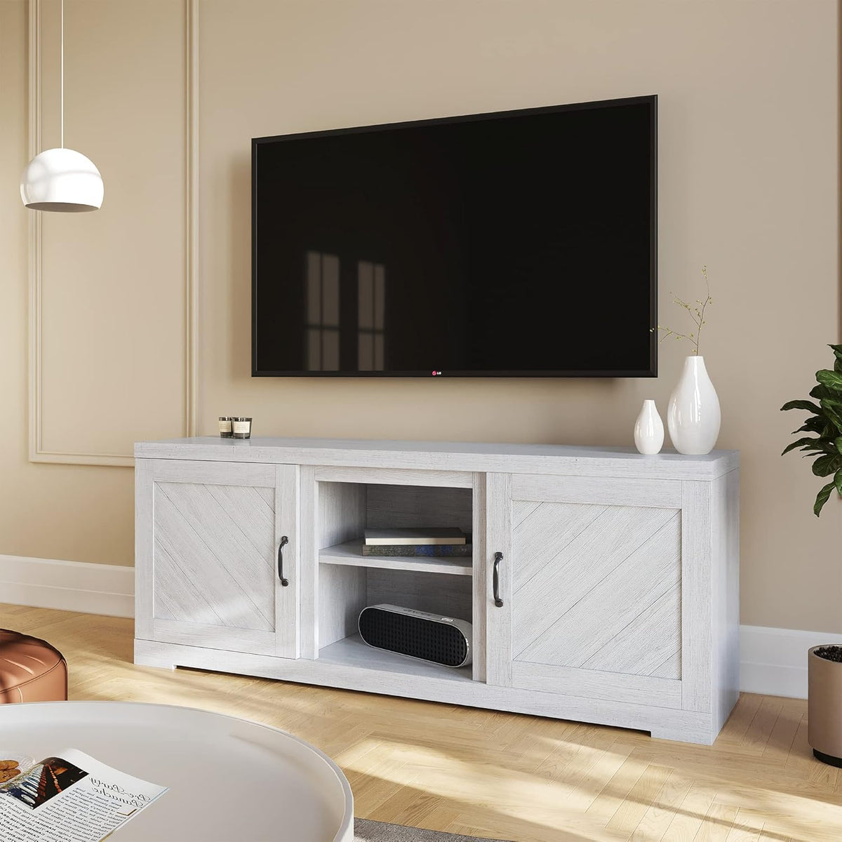 Rustic Oak TV Stand with Two Shelves and Storage Cabinets C856146