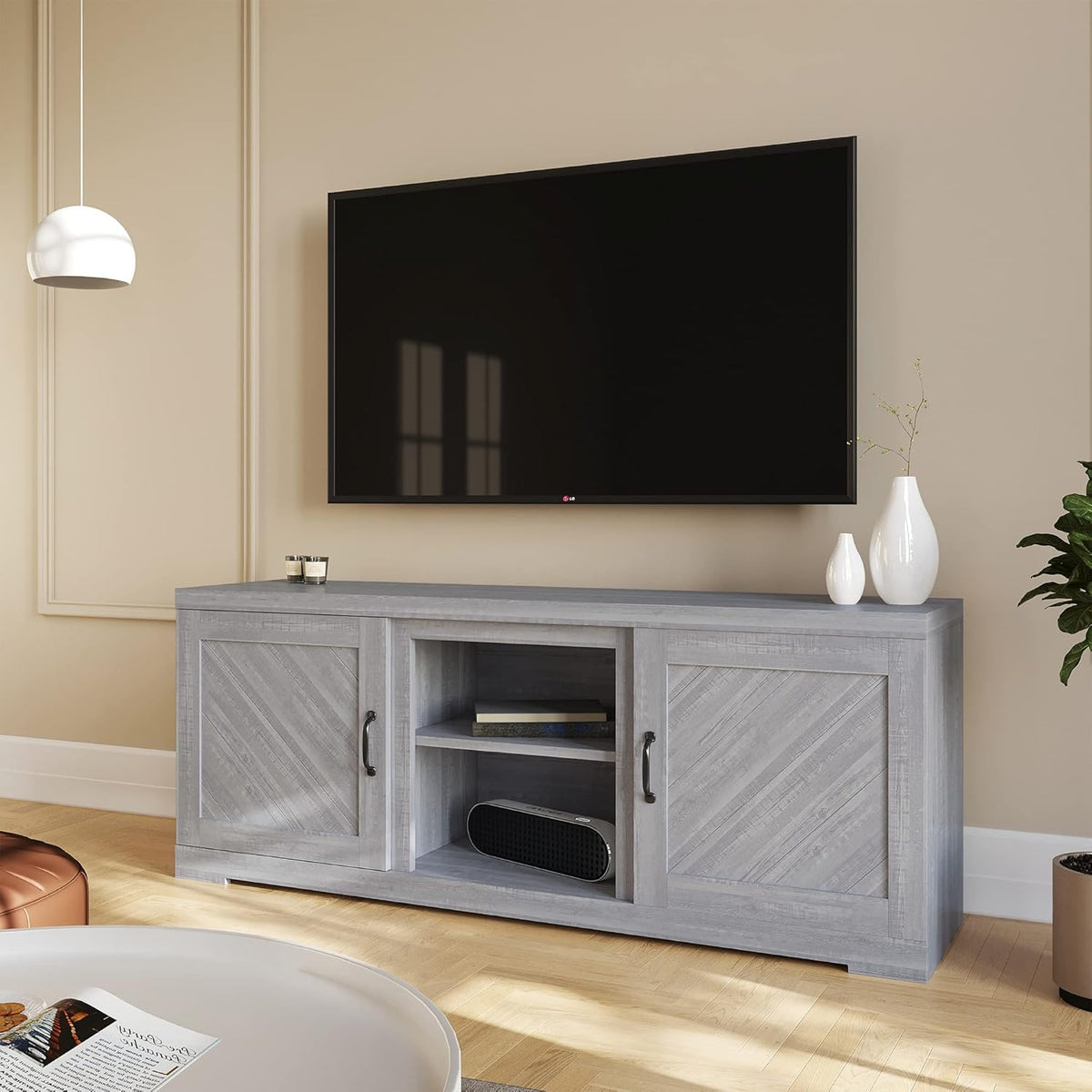 Rustic Oak TV Stand with Two Shelves and Storage Cabinets C856146
