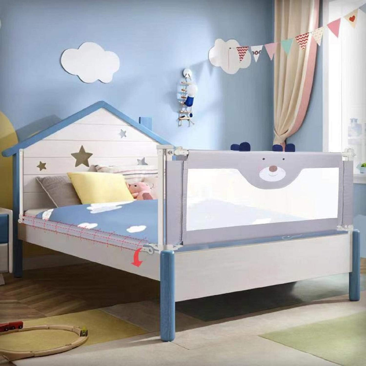 Extra Tall Safety Bed Guard for Kids, Collapsible Double Lock, Fits Queen Size Bed (1 Side) D2178